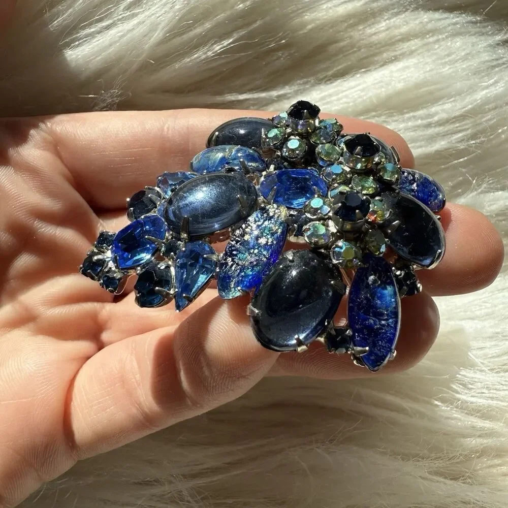 Vintage Hattie Carnegie Demi-Parure Blue Domed Cluster Cabochon AB Rhinestone